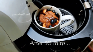 after 30 minutes chocolate air fryer mug cake is ready